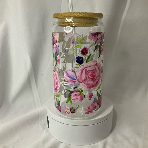 16 Ounce Handmade Clear Glass Can Cup, W/Lid & Straw, Mama Floral - Picture 8 of 13
